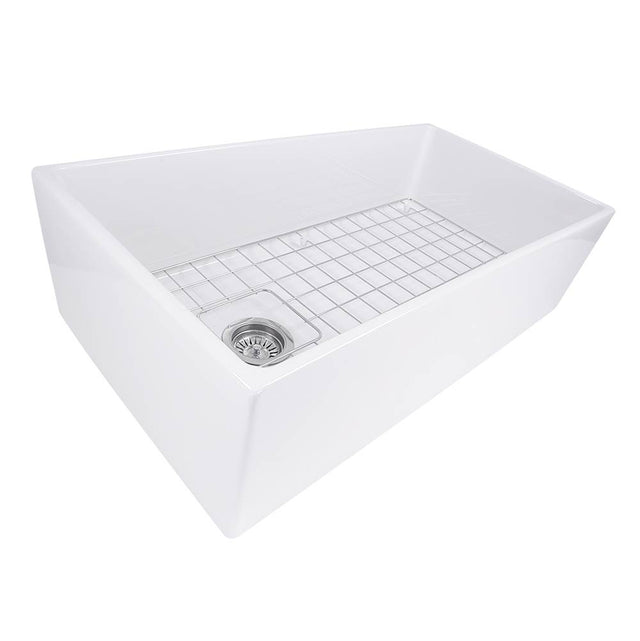 Nantucket Sinks - 36 Inch Farmhouse Fireclay Sink with Offset Drain and Grid - Glazed White
