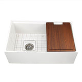 Nantucket Sinks - 30 Inch Fireclay Sink With OffSet Drain. Grid and Drain and Wood Cutting Board Included - Porcelain Enamel Glaze White