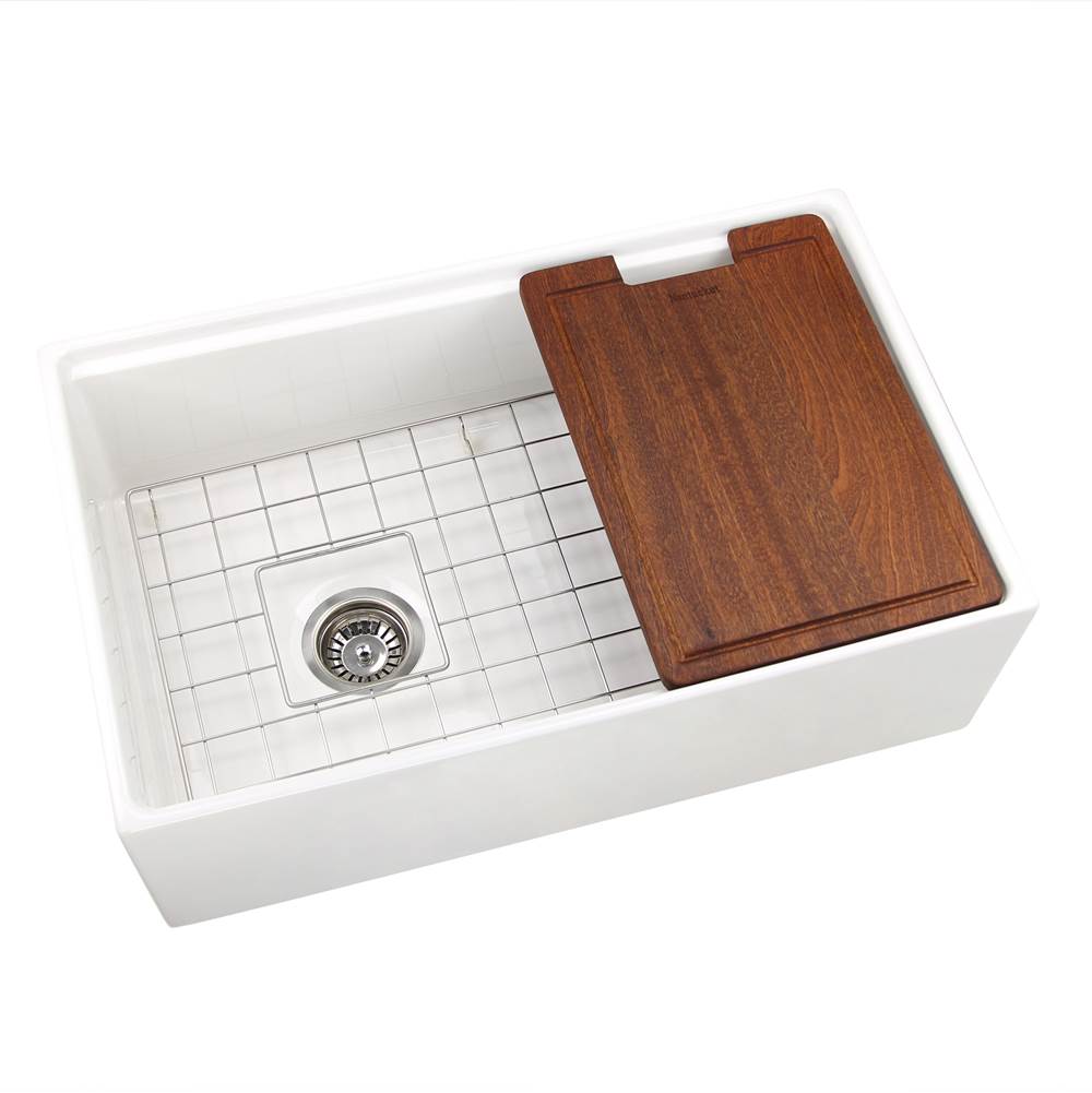 30 Inch Fireclay Sink With OffSet Drain. Grid and Drain and Wood Cutting Board Included