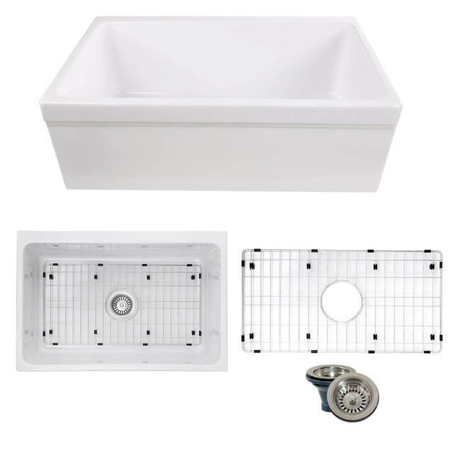 Nantucket Sinks - 30-Inch Decorative Apron Farmhouse Fireclay Sink - Glazed White