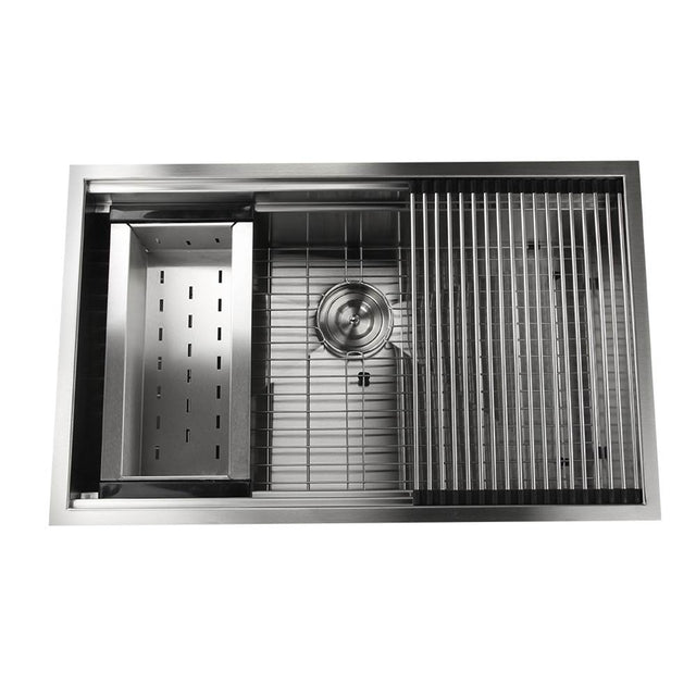 Nantucket Sinks - 32 Inch Pro Series Large Prep Station Single Bowl Undermount Stainless Steel Kitchen Sink, with Included Rolling Mat, Grid, Colander, and Drain. - satin