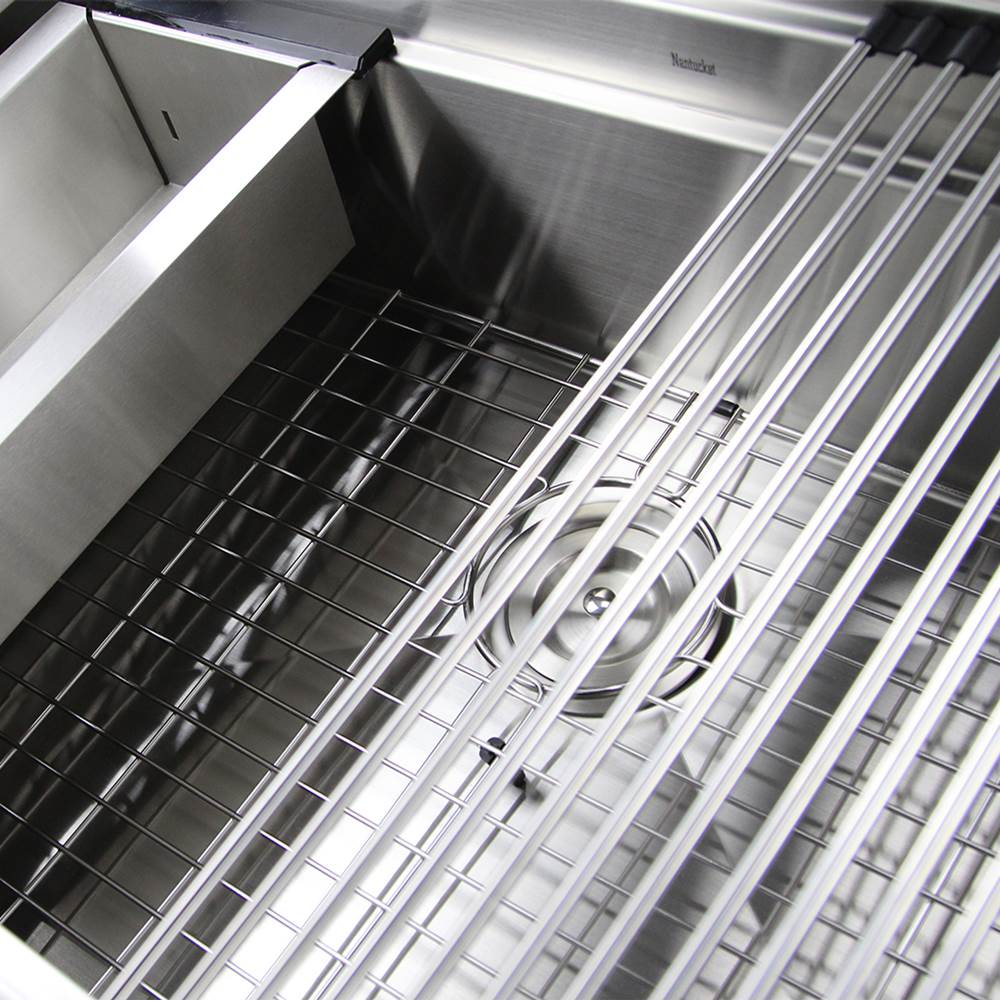 32 Inch Pro Series Large Prep Station Single Bowl Undermount Stainless Steel Kitchen Sink, with Included Rolling Mat, Grid, Colander, and Drain.