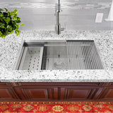 32 Inch Pro Series Large Prep Station Single Bowl Undermount Stainless Steel Kitchen Sink, with Included Rolling Mat, Grid, Colander, and Drain.