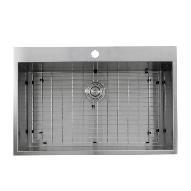 Nantucket Sinks - 33 Inch Large Rectangle Single Bowl Self Rimming Zero Radius Stainless Steel Drop In Kitchen Sink, 16 Gauge -1 Hole - satin