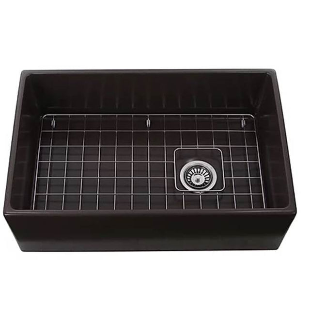 Nantucket Sinks - 30 Inch Farmhouse Fireclay Sink with Drain and Grid finished in White - Glazed Brown