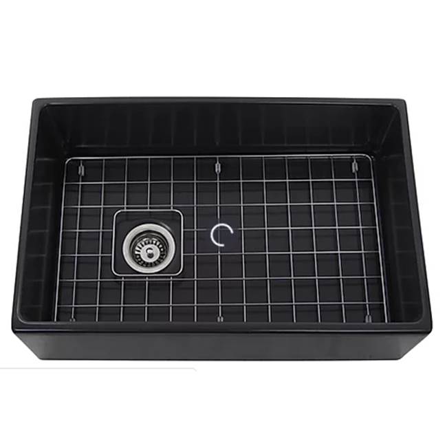 Nantucket Sinks - 30 Inch Farmhouse Fireclay Sink with Drain and Grid - Glazed Black