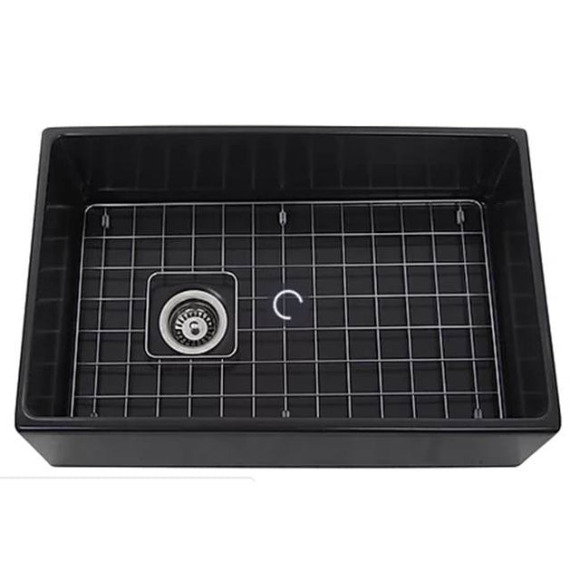 Nantucket Sinks - 30 Inch Farmhouse Fireclay Sink with Drain and Grid - Glazed Black