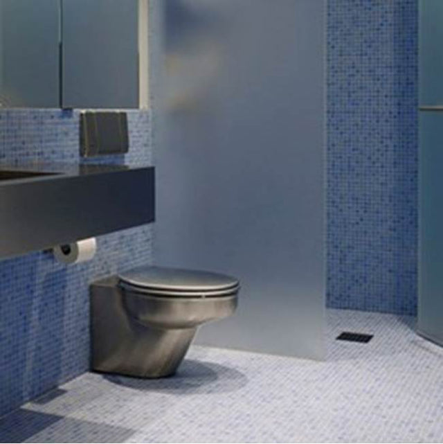 Neo-Metro by Acorn - nted, wall supplied, wall waste, off the floor, elongated stainless steel toilet, works with a in-wall tank system like Geberit (not included)