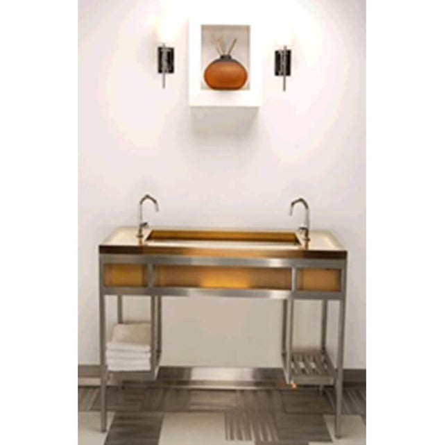 Neo-Metro by Acorn - ebb console, brushed stainless steel frame, Oceana (aqua) resin countertop, 17 X 14 deep brushed stainless steel basin, LED light system