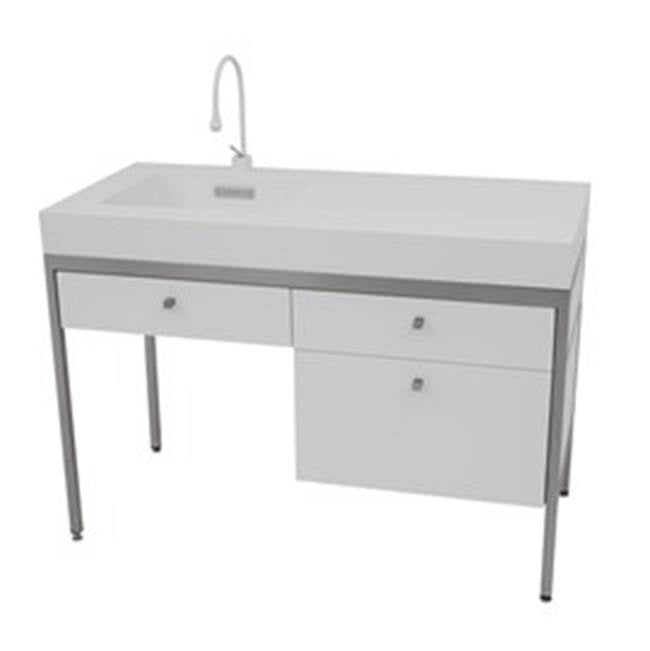 Neo-Metro by Acorn - X 4 cast gloss white solid surface countertop with integrated 17 X 14 X 4 basin, brushed stainless steel console frame, total height console and cou