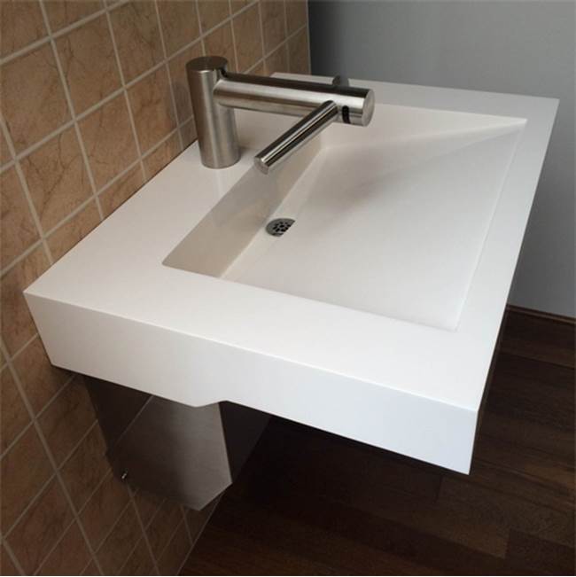 2'' X 4'' cast wall mounted Blanco (white) solid surface countertop with an integrated 72'' X 14'' X 4-1/2'' ramped basin, stainless steel surface m