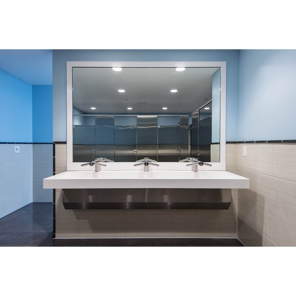 2'' X 4'' cast wall mounted Blanco (white) solid surface countertop with an integrated 72'' X 14'' X 4-1/2'' ramped basin, stainless steel surface m