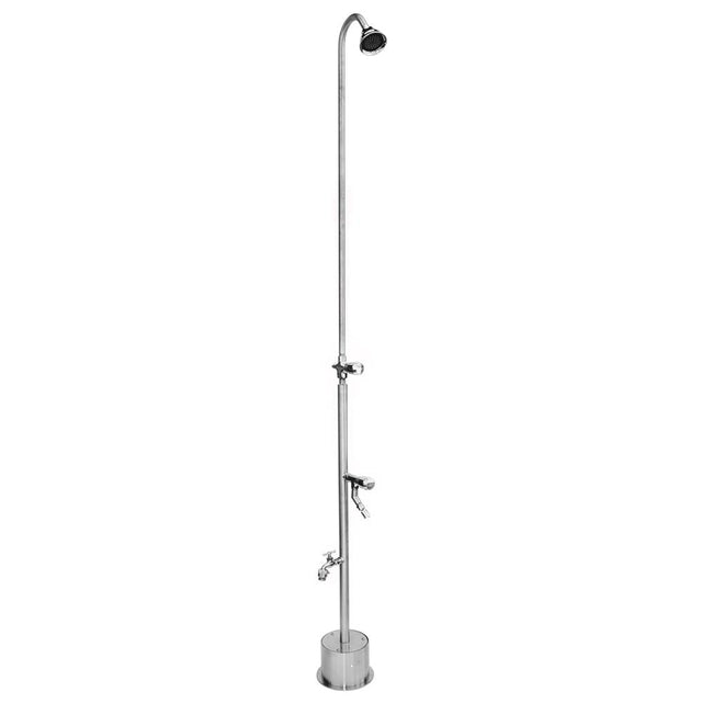 Outdoor Shower - Free Standing Single Supply Shower - ADA Metered Valve, 4'' Shower Head, Hose Bibb, Foot Shower