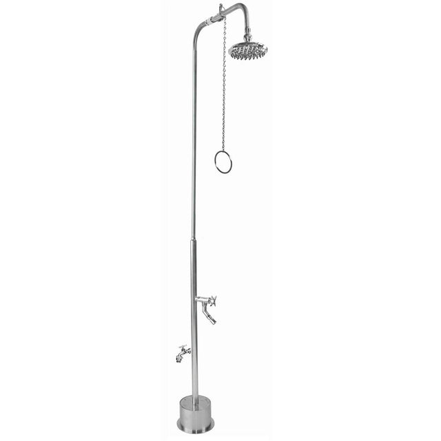 Outdoor Shower - Free Standing Single Supply Shower - Pull Chain Valve, 8'' Shower Head, Hose Bibb, Cross Handle Foot Shower