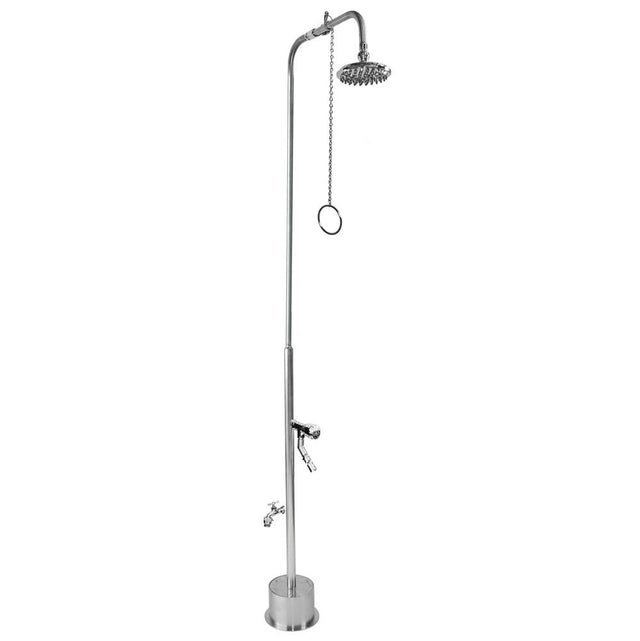 Outdoor Shower - Free Standing Single Supply Shower - Pull Chain Valve, 8'' Shower Head, Hose Bibb, ADA Metered Foot Shower