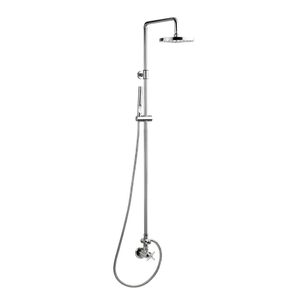 Outdoor Shower - Wall Mount Single Supply Shower - ''Smooth'' Cross Handle Valve, 8'' Disk Shower Head, Hand Spray & Hose - Satin