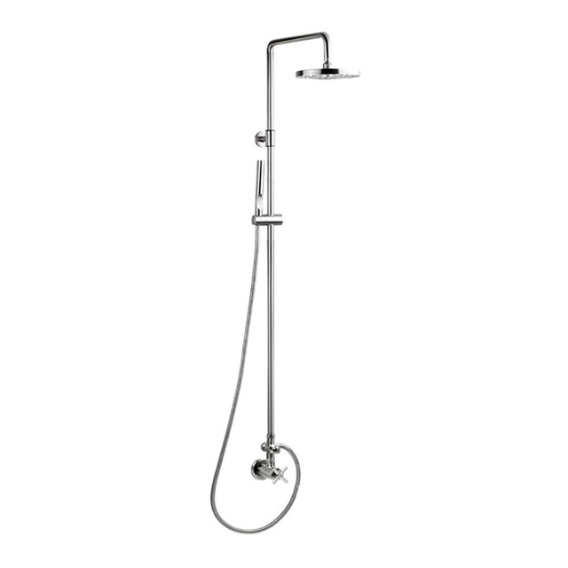 Outdoor Shower - Wall Mount Single Supply Shower - ''Smooth'' Cross Handle Valve, 8'' Disk Shower Head, Hand Spray & Hose - Satin
