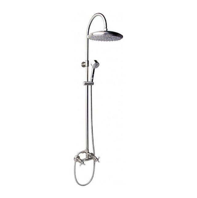 Outdoor Shower - Wall Mount Hot & Cold Shower - ''Collana'' Cross Handle Valve, 12'' Shower Head, Hand Spray & Hose - Satin