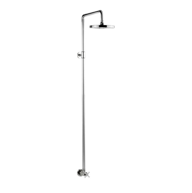 Outdoor Shower - Wall Mount Single Supply Shower - ''Smooth'' Cross Handle Valve, 8'' Disk Shower Head - Satin