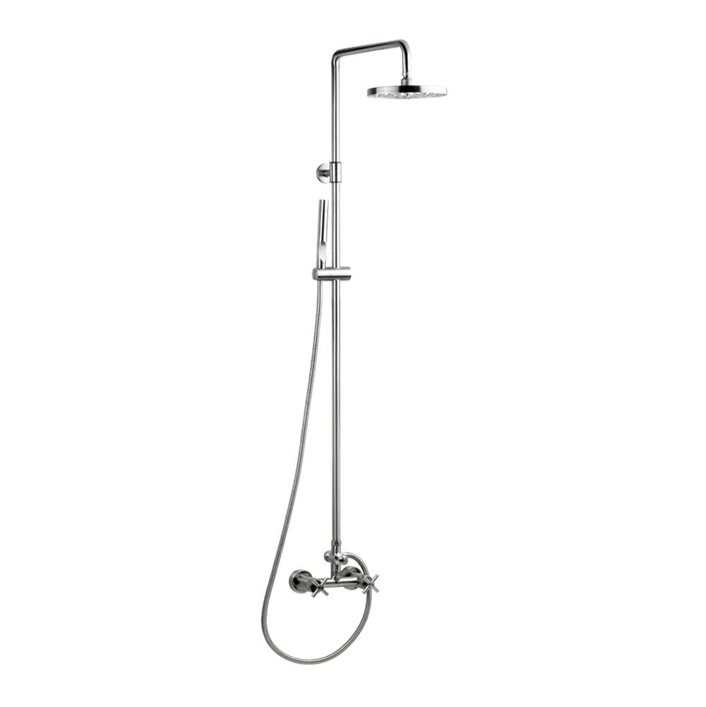 Outdoor Shower - Wall Mount Hot & Cold Shower - ''Smooth'' Cross Handle Valve, 8'' Disk Shower Head, Hand Spray & Hose - Satin