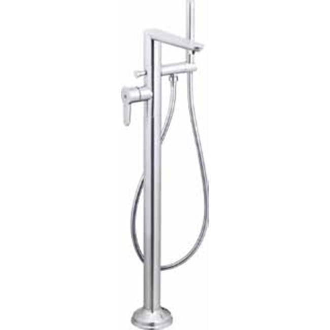 Outdoor Shower - Free Standing Tub Filler - Hot & Cold Lever Handle, Hand Spray & Hose - 316 Stainless Steel - Satin