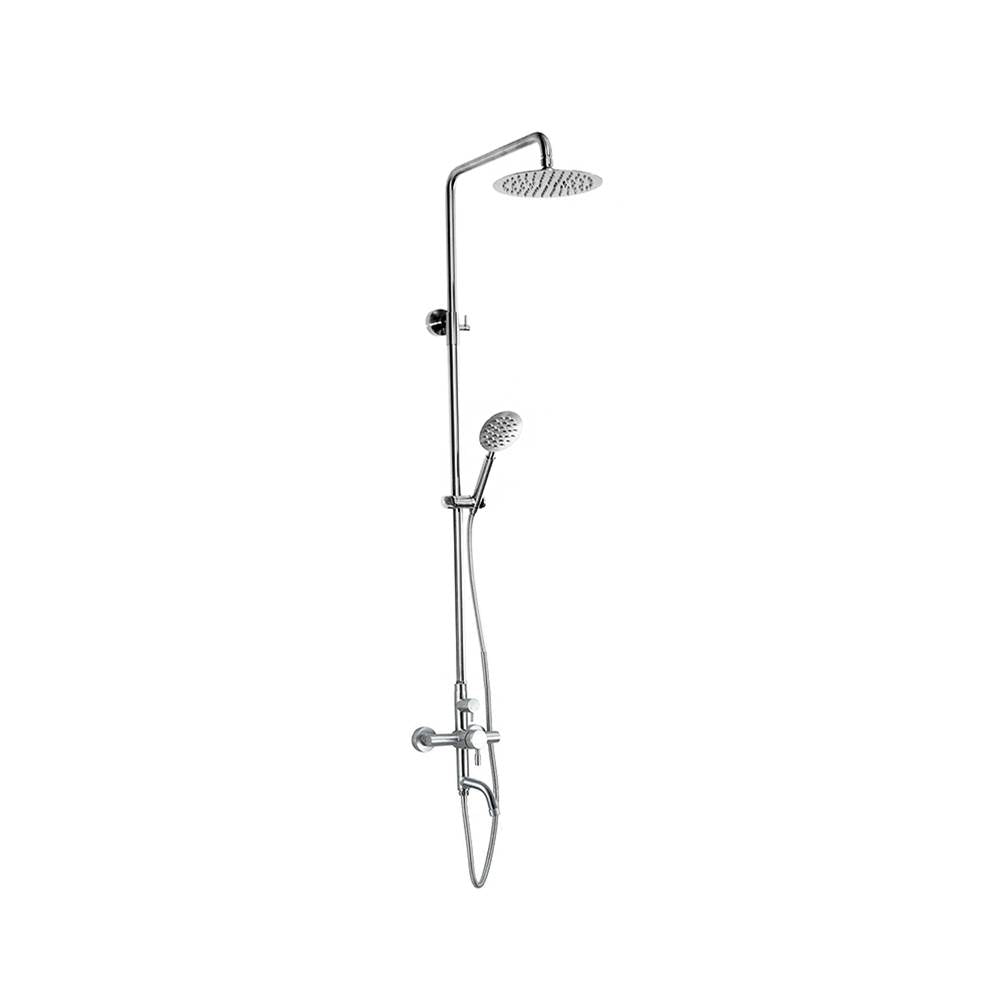 Outdoor Shower - Wall Mount Hot & Cold Shower - Lever Handle Valve, 8'' Shower Head, Hand Spray &  Hose, Foot Shower - Satin