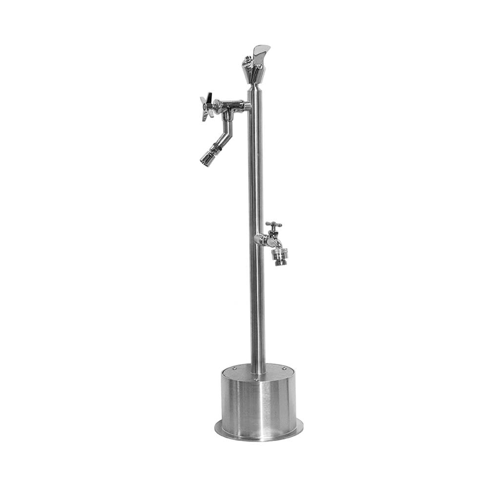 Outdoor Shower - Free Standing Single Supply Push Button Drinking Fountain, Cross Handle Foot Shower, Hose Bibb