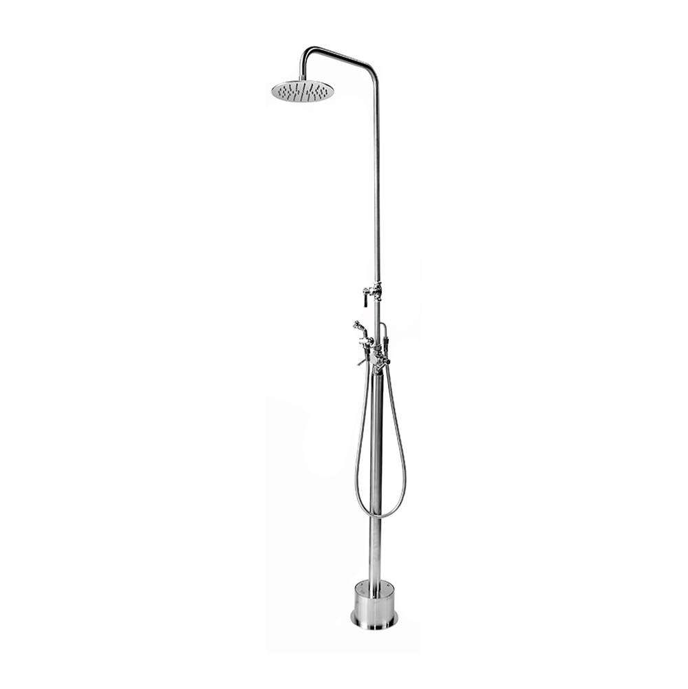 Outdoor Shower - Free Standing Hot & Cold Shower - ADA Lever Handle Valve, 8'' Shower Head, Hand Spray & Hose