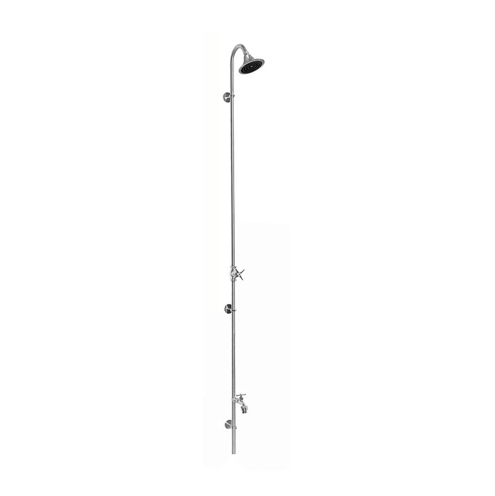 Outdoor Shower - Wall Mount Single Supply Shower - Cross Handle Valve, 4'' Shower Head, Hose Bibb