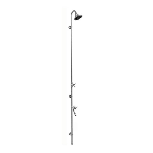 Outdoor Shower - Wall Mount Single Supply Shower - Cross Handle Valve, 4'' Shower Head, Foot Shower