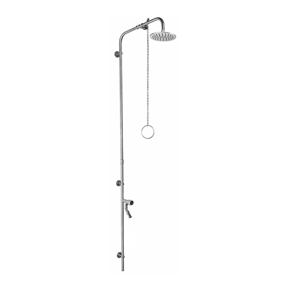 Outdoor Shower - Wall Mount Single Supply Shower - Pull Chain Valve, 8'' Shower Head, ADA Metered Foot Shower