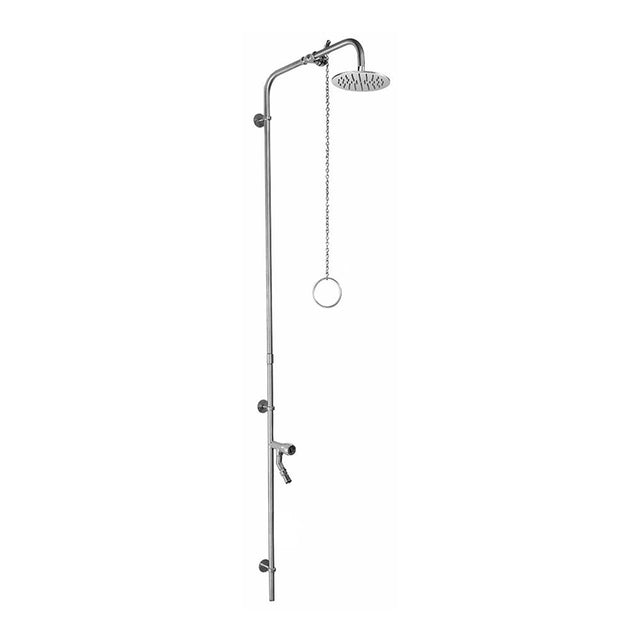 Outdoor Shower - Wall Mount Single Supply Shower - Pull Chain Valve, 8'' Shower Head, ADA Metered Foot Shower