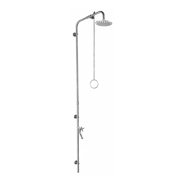 Outdoor Shower - Wall Mount Single Supply Shower - Pull Chain Valve, 8'' Shower Head, Cross Handle Foot Shower