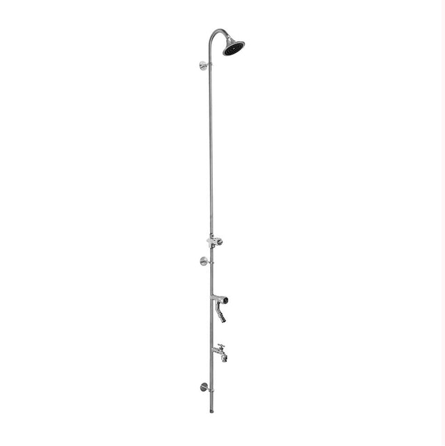 Outdoor Shower - Wall Mount Single Supply Shower - ADA Metered Valve, 4'' Shower Head, Hose Bibb, Foot Shower