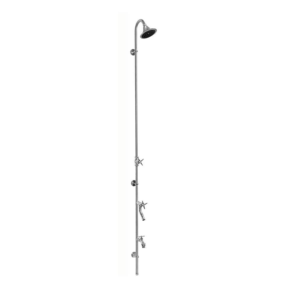 Outdoor Shower - Wall Mount Single Supply Shower - Cross Handle Valve, 4'' Shower Head, Hose Bibb, Foot Shower