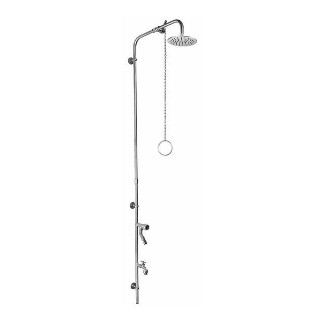 Outdoor Shower - Wall Mount Single Supply Shower - Pull Chain Valve, 8'' Shower Head, Hose Bibb, ADA Metered Foot Shower