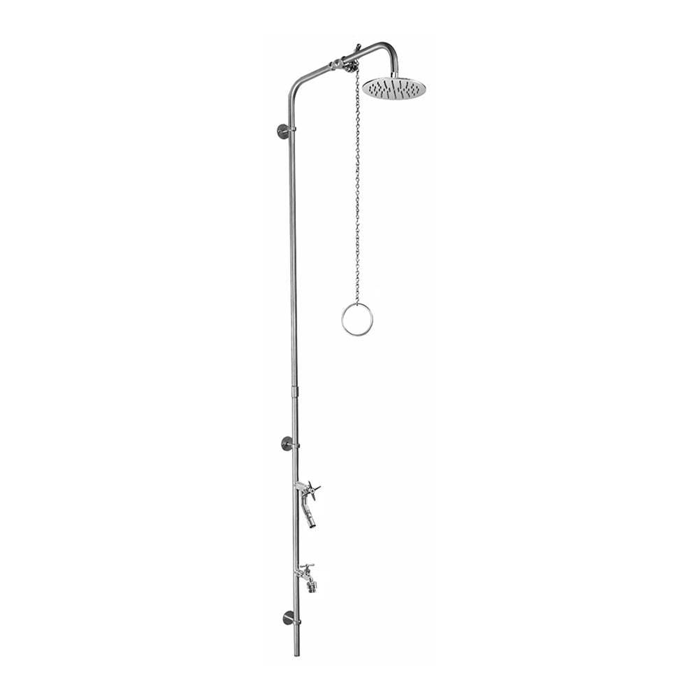 Outdoor Shower - Wall Mount Single Supply Shower - Pull Chain Valve, 8'' Shower Head, Hose Bibb, Cross Handle Foot Shower