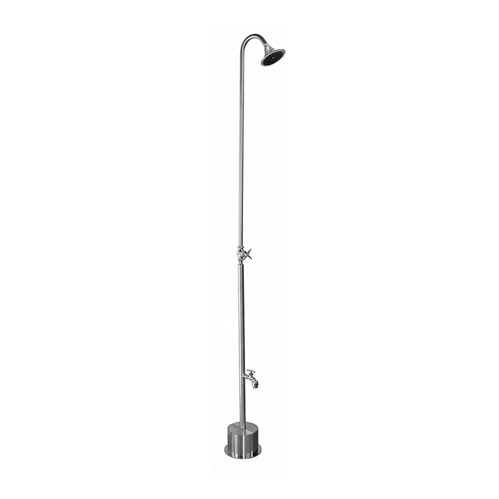 Outdoor Shower - Free Standing Single Supply Shower - Cross Handle Valve, 4'' Shower Head, Hose Bibb