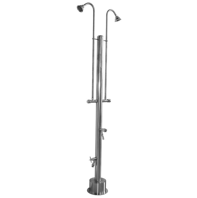 Outdoor Shower - Free Standing Single Supply Shower - ADA Metered Valve, Two 4'' Shower Heads, Foot Shower, Hose Bibb