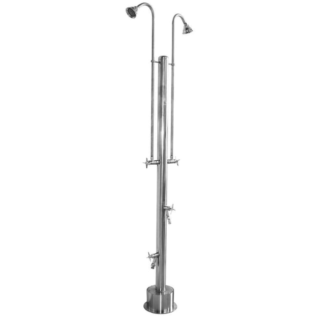 Outdoor Shower - Free Standing Single Supply Shower - Cross Handle Valve, Two 4'' Shower Heads, Foot Shower, Hose Bibb