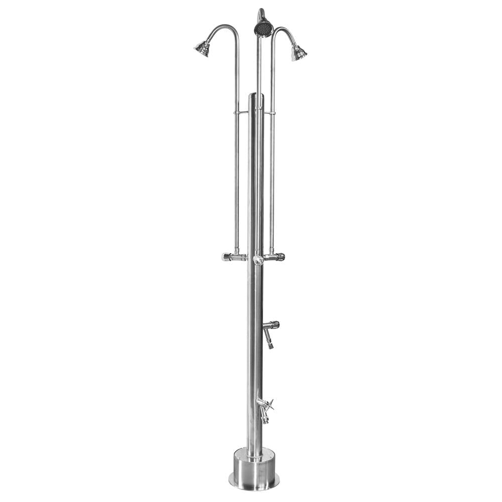 Outdoor Shower - Free Standing Single Supply Shower - ADA Metered Valve, Three 4'' Shower Heads, Foot Shower, Hose Bibb