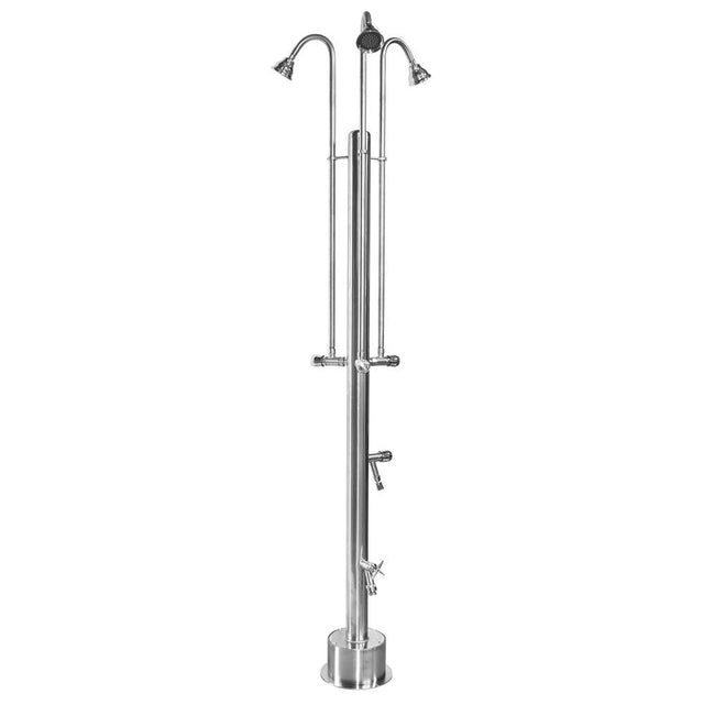 Outdoor Shower - Free Standing Single Supply Shower - ADA Metered Valve, Three 4'' Shower Heads, Foot Shower, Hose Bibb