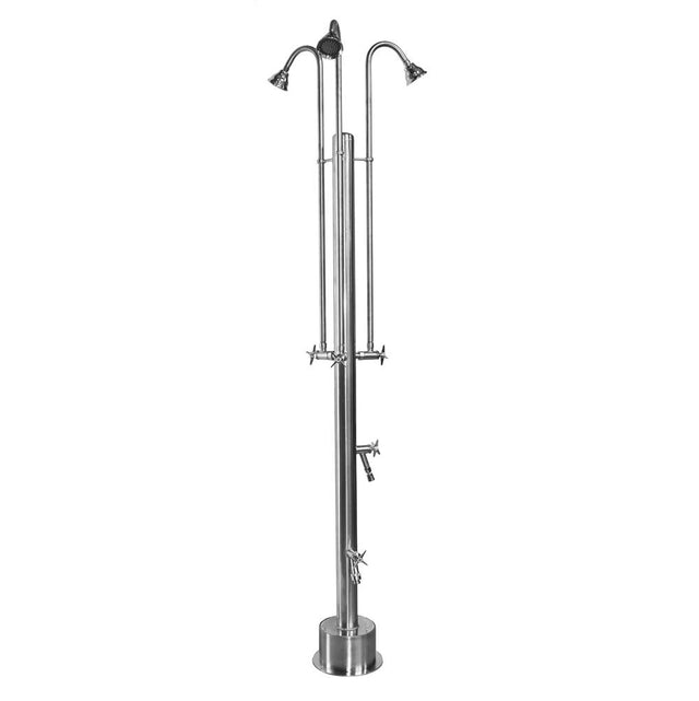 Outdoor Shower - Free Standing Single Supply Shower - Cross Handle Valves, Three 4'' Shower Heads, Foot Shower, Hose Bibb