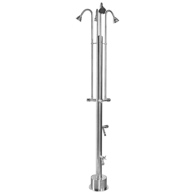 Outdoor Shower - Free Standing Single Supply Shower - ADA Metered Valves, Four 4'' Shower Heads, Foot Shower, Hose Bibb