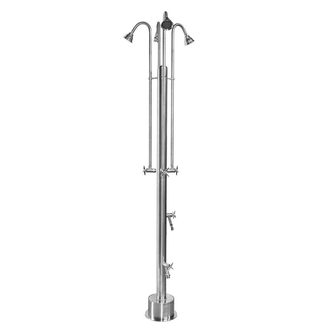 Outdoor Shower - Free Standing Single Supply Shower - Cross Handle Valves, Four 4'' Shower Heads, Foot Shower, Hose Bibb