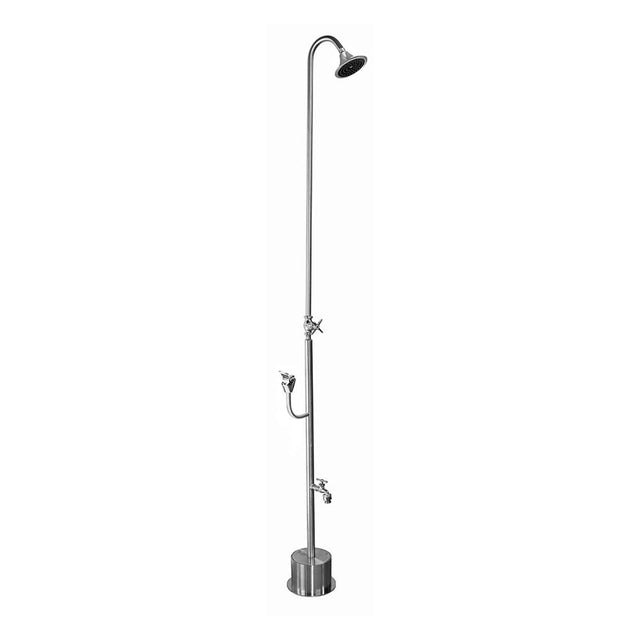 Outdoor Shower - Free Standing Single Supply Shower - Cross Handle Valve, 4'' Shower Head, Hose Bibb, Push Button Drinking Fountain