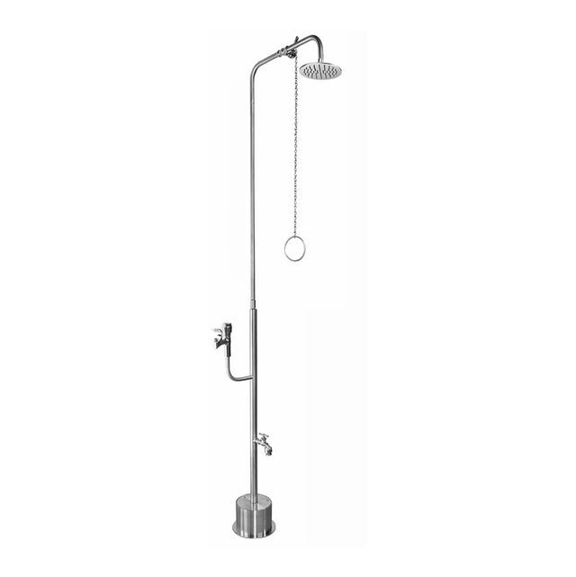 Outdoor Shower - Free Standing Single Supply Shower - Pull Chain Valve, 8'' Shower Head, Hose Bibb, ADA Metered Drinking Fountain