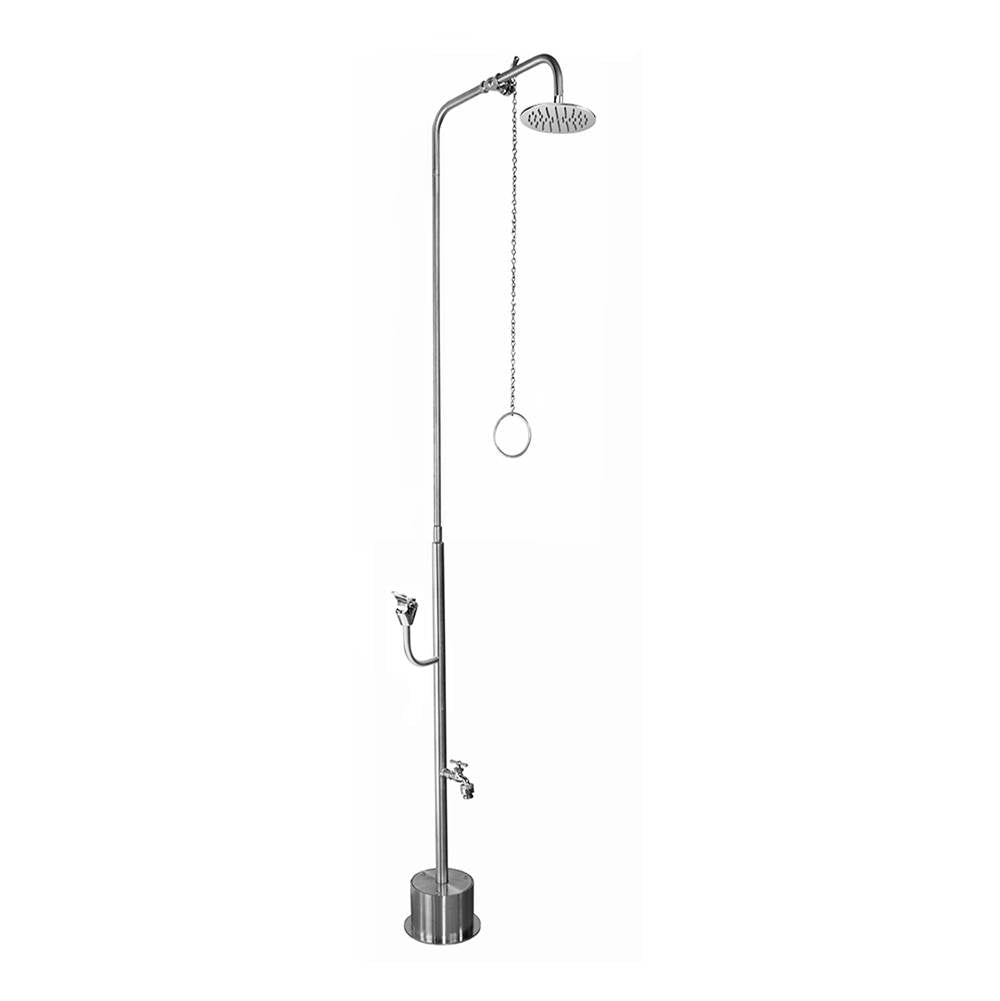 Outdoor Shower - Free Standing Single Supply Shower - Pull Chain Valve, 8'' Shower Head, Hose Bibb, Push Button Drinking Fountain