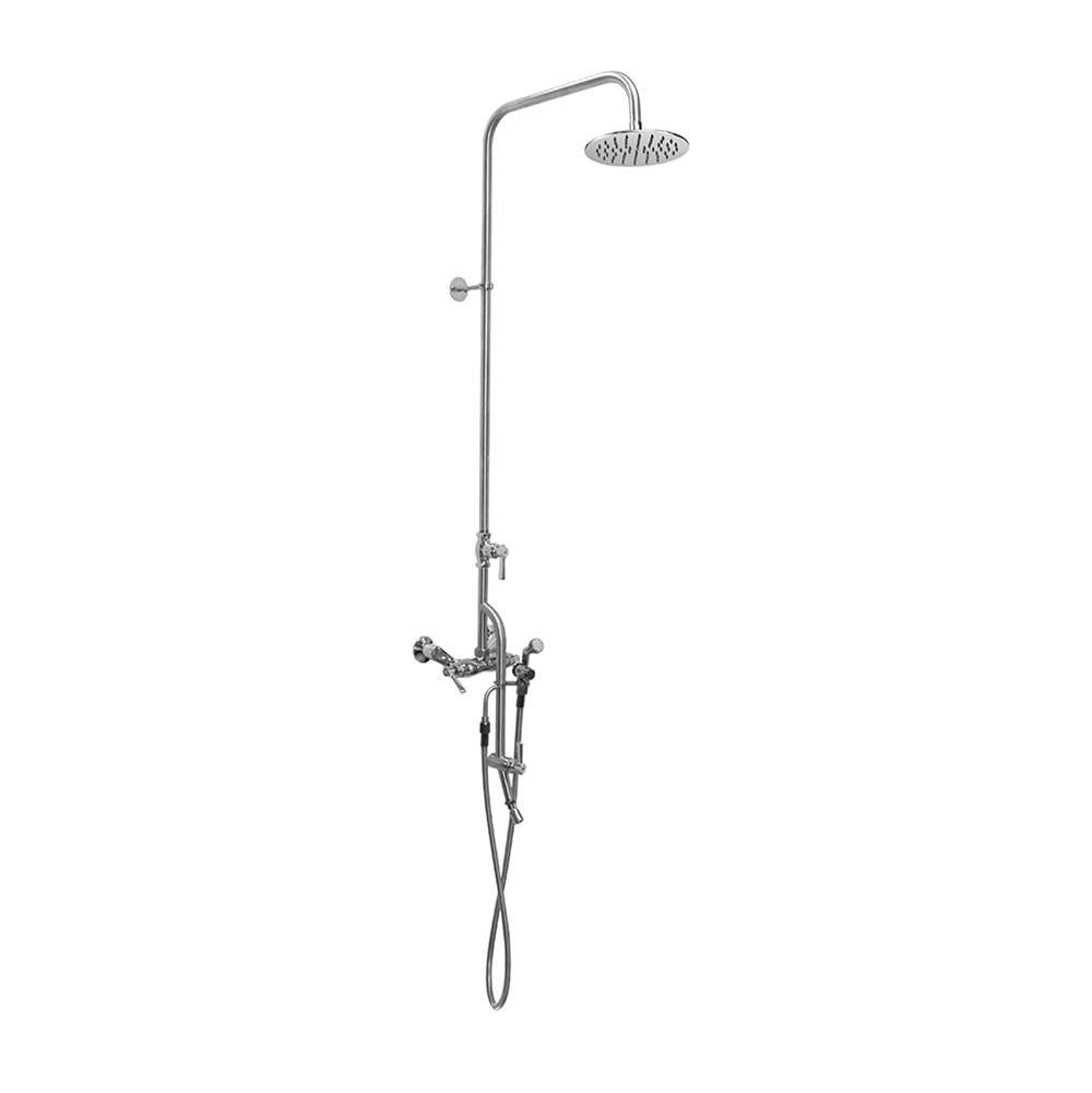 Outdoor Shower - Wall Mount Hot & Cold Shower - ADA Lever Handle Valve, 8'' Shower Head, Hand Spray & Hose, Foot Shower - Chrome Plated Brass