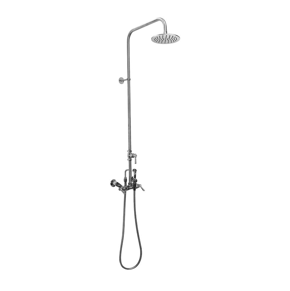 Outdoor Shower - Wall Mount Hot & Cold Shower - ADA Lever Handle Valve, 8'' Shower Head, Hand Spray & Hose - Chrome Plated Brass